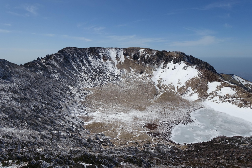Baeknokdam crater at the snowy summit of Hallasan Mountain, the tallest peak in South Korea, located in Jeju Island