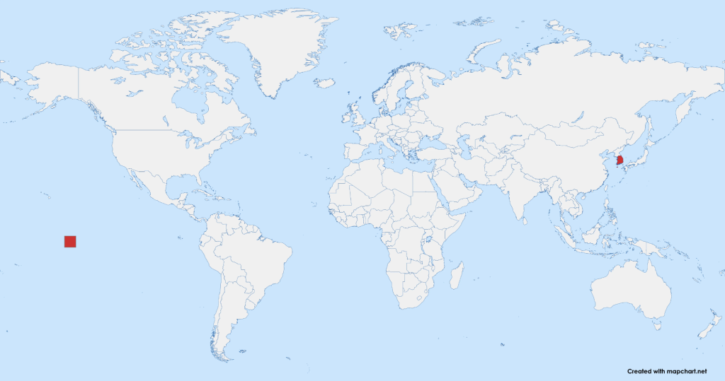 World map showing South Korea highlighted in red between China and Japan in East Asia