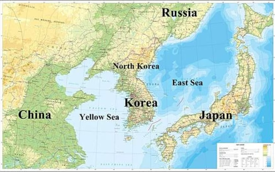 Geographic map showing South Korea bordered by three seas: East Sea, Yellow Sea, and South Sea