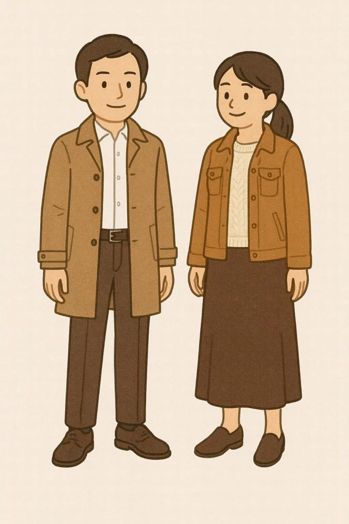 Illustration of a man in a coat and a woman in a jacket and skirt for autumn fashion.
