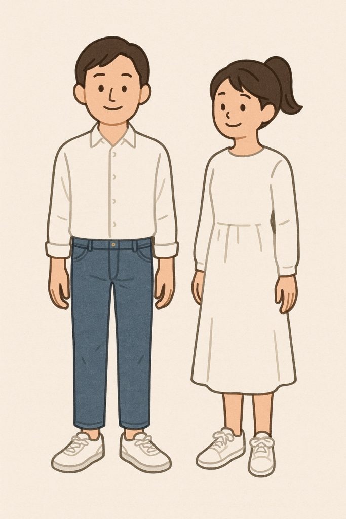 Illustration of a couple wearing long sleeves and light outfits for spring.