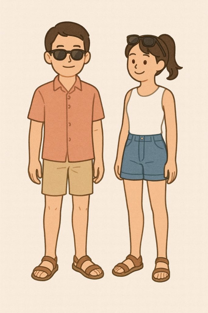 Illustration of a man and woman in shorts, sandals, and sunglasses for summer.