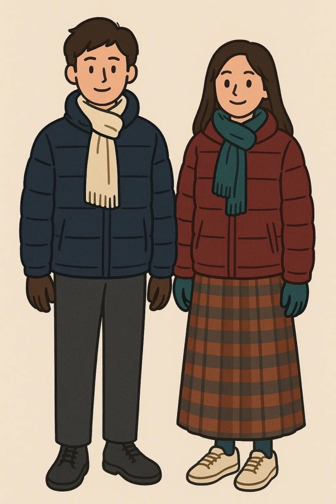 Illustration of a couple wearing padded jackets, scarves, and gloves for winter.