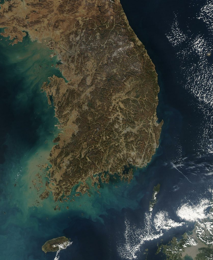 Satellite view of South Korea showing that about 70% of the land is covered with mountains