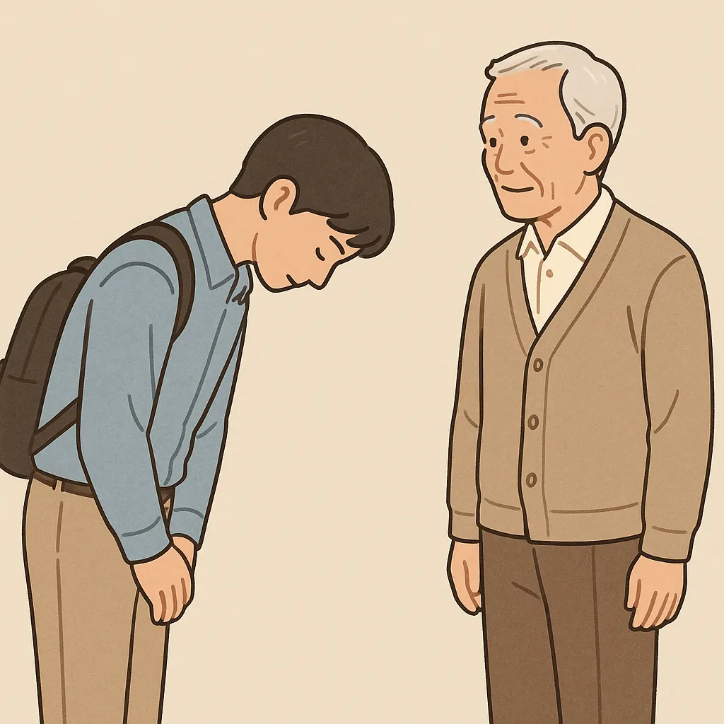 Young man bowing respectfully to an elder in Korea